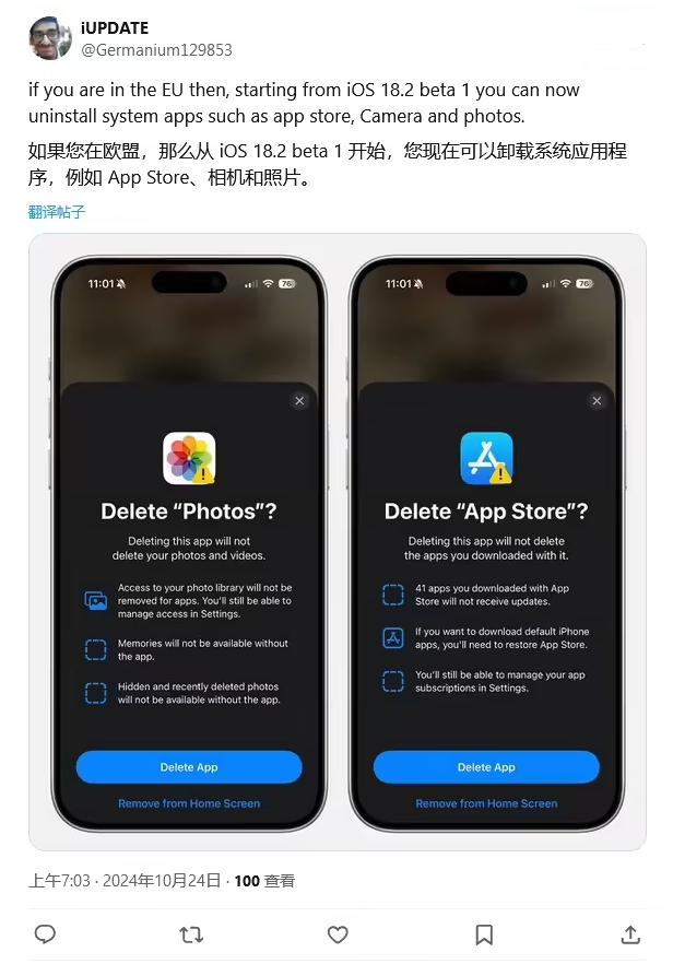 永州苹果手机维修分享iOS 18.2 支持删除 App Store 应用商店 