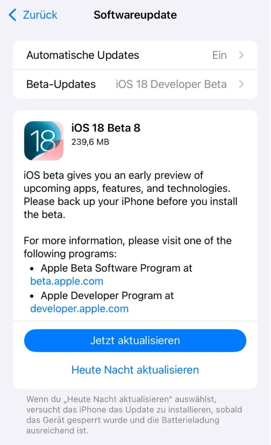 永州苹果手机维修分享苹果 iOS / iPadOS 18 开发者预览版 Beta 8 发布 